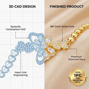 Impresionante Pulsera de Oro Sólido de 9K/14K/18K con Eslabones de Mariposa y Corazón, Sofisticada con Diamantes Engastados en Pavé para Joyería Romántica - Product Image 1