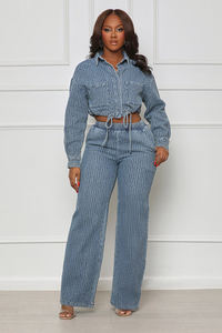 Completi in Denim di Alta Qualità per Donne, Top a Maniche Lunghe con Coulisse e Pantaloni Lunghi, Set Due Pezzi in Denim per Donne - Product Image 1