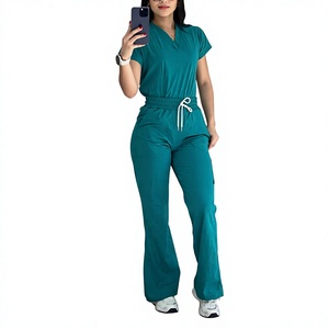 <b>Women</b> <b>Teal</b> Scrub Set Cotton Polyester Woven Hospital Uniform Pants V-Neck Top With Drawstring Waist - Product Image 4