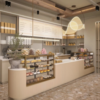 Meubles de luxe pour boulangerie, comptoir de présentation en bois et verre pour café avec éclairage, aménagement intérieur pour salon de thé