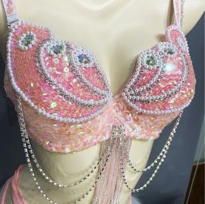 Sujetador rosa brillante con cuentas para danza del vientre, <span class=keywords><strong>bragas</strong></span> y bufanda de cadera con borla larga, 3 uds., disfraces de Samba, ropa de baile nocturno para discoteca, EDC Rave - Product Image 4