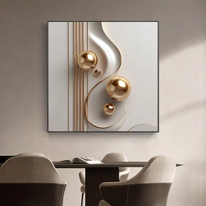 Decorazione Murale Astratta Beige e Oro con Geometrie <span class=keywords><strong>per</strong></span> <span class=keywords><strong>Camera</strong></span> <span class=keywords><strong>da</strong></span> <span class=keywords><strong>Letto</strong></span> e Soggiorno, Stampa 3D con Texture a Sfera, Dipinto in Porcellana Cristallina - Product Image 2