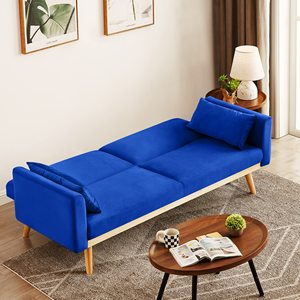 Canapé-lit futon moderne en velours, lit <span class=keywords><strong>d</strong></span>'appoint convertible rembourré avec coussin et cadre en bois, bleu - Product Image 3
