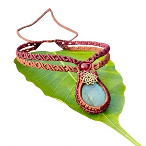 สร้อยคอมาคราเม่สีแดงน้ำเงินประดับลาบราดอไรต์ มูนสโตน ลายแมนดาลา จี้ทำมือ สไตล์โบโฮ เครื่องประดับผู้หญิง ขายส่ง แบบฝังขอบอะโกย่า มาร์ช - Product Image 1