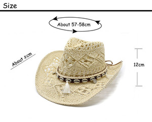 Mode été plage Western creux Sombreros Cowboy chapeaux Cowgirl casquettes de paille Vintage hommes chapeaux avec coquillages glands décoration - Product Image 3