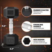 Dumbbell Karet Hexagonal Grosir Pabrik, Gagang Krom Hitam, Beban Bebas untuk Latihan di Rumah, Berbagai Ukuran