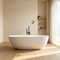 Baignoire autoportante ovale blanche en acrylique, moderne, avec robinet sur pied, pour projets hôteliers et de complexes hôteliers