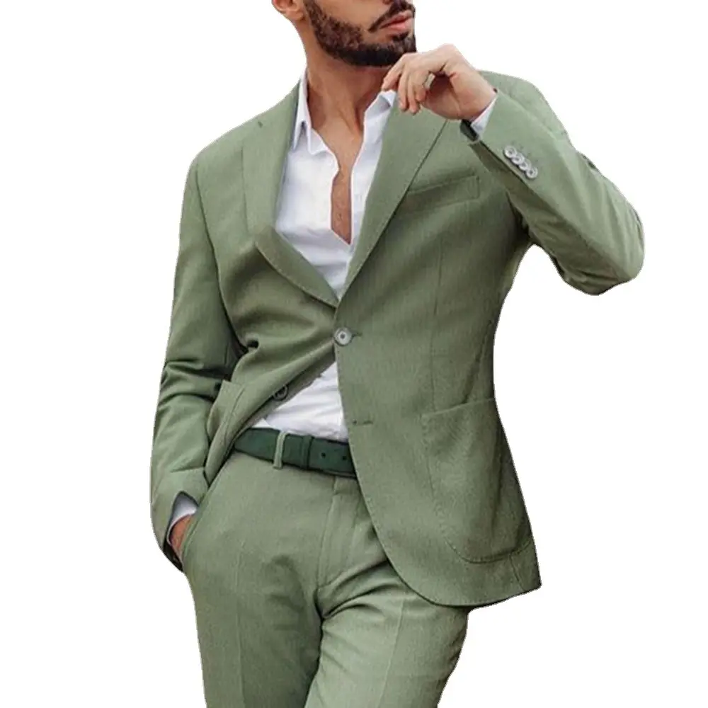 Casual men's suit for autumn winter men's two-button suit green solid color 2 piecses sets for men wholesale