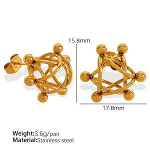 Boucles d'oreilles clous tendance en acier inoxydable doré PVD avec zircon, motif géométrique 3D en forme de boule, pour femme |   Durable et imperméable - Product Image 6