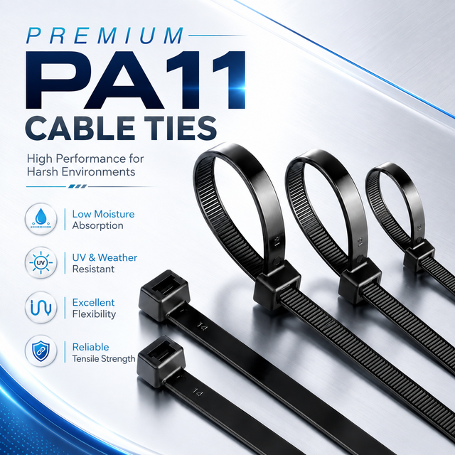 High Strength PA11 Nylon Self-Locking Cable Ties Chemical Resistant UV Stable Zip Ties for Solar Automotive and Industrial Use
