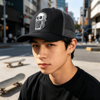 Gorra Trucker de Malla con Tela Lavada Sólida, Parche Tejido de Gato Calavera Personalizado, Logotipo OEM ODM, Ajustable, Estilo Urbano