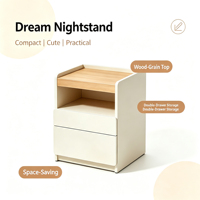 Table de chevet moderne style crème, petite table de chevet écologique pour chambre à coucher avec plateau en bois, 2 tiroirs et étagères