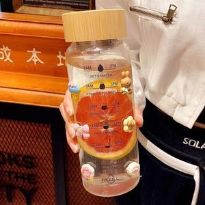 Stylish Glass <b>Water</b> <b>Bottle</b> With Wooden Lid 700ml 1000ml Large Capacity Hydration <b>Tracker</b> For Travel And Daily Use - Product Image 5