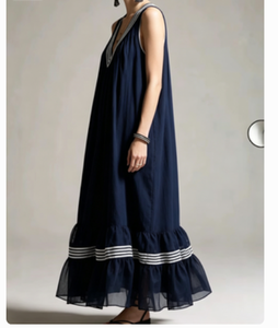 Nuevo <span class=keywords><strong>Vestido</strong></span> Maxi <span class=keywords><strong>Azul</strong></span> <span class=keywords><strong>Marino</strong></span> sin Mangas para Mujer con Ribete <span class=keywords><strong>de</strong></span> <span class=keywords><strong>Rayas</strong></span> Blancas, Cuello en V, Dobladillo con Volantes en Capas, Ajuste Holgado Informal, <span class=keywords><strong>Vestido</strong></span> <span class=keywords><strong>de</strong></span> Playa - Product Image 3