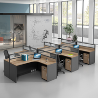 Poste de travail de bureau moderne en forme de L pour 6 personnes, bureau cloisonné avec compartiments, table d'ordinateur avec tiroirs et armoire de rangement