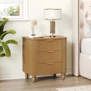 Mid Century Fluted 3 <b>Drawer</b> Nightstand <b>With</b> Gold Handles Bedside Table For Bedroom <b>Storage</b> - Product Image 1