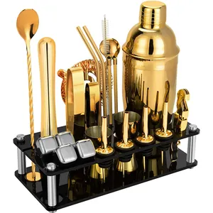 Golden Electroplated 23 Piece Cocktail Shaker Set Bartender Kit With Acrylic Stand