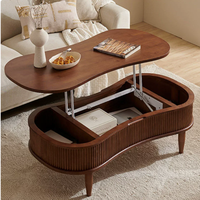 Table basse moderne en bois écologique avec plateau relevable en forme de vague, compartiment de rangement dissimulé et hauteur réglable