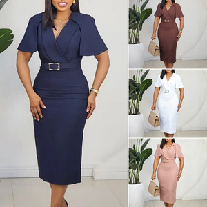 D623 Latest Design <strong>Summer</strong> Career <strong>Dresses</strong> Women Casual Slim Fit V-neck Cape <strong>Sleeve</strong> Ladies Office <strong>Dresses</strong> for Women <strong>With</strong> Belt - Product Image 2