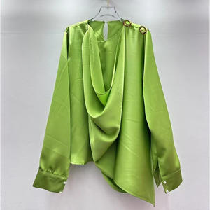 Chemisiers décontractés à manches longues NPF pour femmes, chemises unies, hauts pour femmes, 100% satin de soie brodé, anti-rides, respirant - Product Image 1