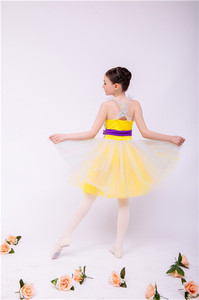 黄色批发儿童派对礼服短裙女孩表演穿4层短裙印花薄纱 - Product Image 5