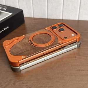 Funda de <span class=keywords><strong>Madera</strong></span> de Nogal para iPhone 17 Pro Max, Marco de Aleación de Aluminio, Soporte Giratorio de 16 Grados, Protección Antigolpes - Product Image 5
