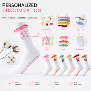 Chaussettes de yoga et de Pilates pour femmes, antidérapantes, respirantes, en coton, avec bordure à volants et broderie cerise, pour la barre - Product Image 5