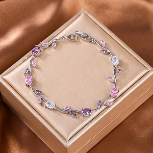 Bracciale con Catena di Fiori e Foglie Colorati all'Ingrosso, Braccialetti di Moda con Zirconi per Donne, Gioielli in Rame Placcato Oro e Argento - Product Image 2