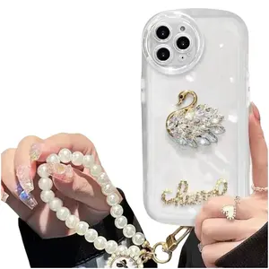 Suitable for Apple 14pro phone case iPhone 13promax Luxury Rhinestone Swan Pearl Bracelet Transparent Case