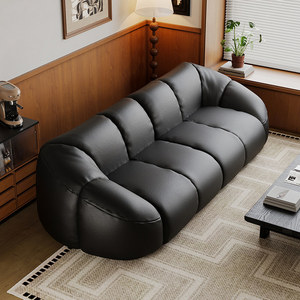 Sofá <span class=keywords><strong>Boom</strong></span> Vintage Negro de Cuero Genuino, Sofá Recto de 3 Plazas Estilo Calabaza para Sala de Estar Pequeña y Grande, Sofá de Estilo Mid-Century - Product Image 3