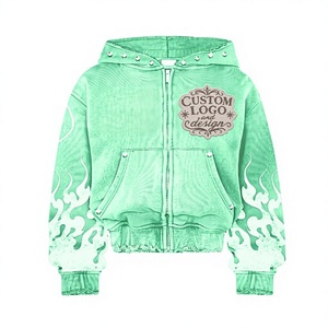 Sweat à capuche style urbain imprimé flamme verte, fermeture éclair, coupe oversize et carrée, broderie vieillie, délavage vintage, strass, épaules tombantes - Product Image 1