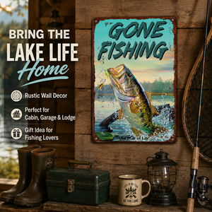 ป้ายตกแต่งผนังโลหะอาร์ตเดโคแบบกำหนดเอง Gone Fishing สำหรับบ้านริมทะเลสาบ ห้องแมนเคฟ ทันสมัย พิมพ์ UV ข้อความและรูปภาพตามสั่ง - Product Image 2