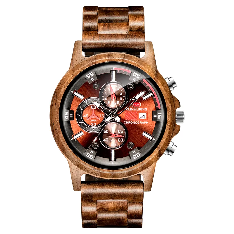 Wholesale wood watch Kunhuang 1010 Fashion Chronograph Walnut Wood wrist watch for men