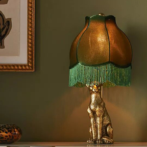 ヒョウ動物レトロテーブルランプ樹脂ホーム装飾ナイトランプ照明グリーンベルベット生地ランプシェードCE/ULLED電球 - Product Image 3