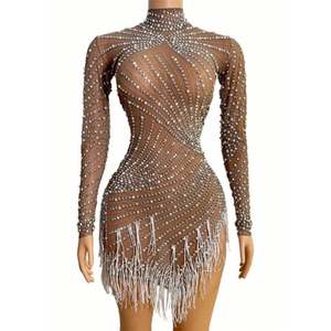 Robe transparente à franges et perles en strass, <span class=keywords><strong>tenue</strong></span> <span class=keywords><strong>de</strong></span> soirée, d'anniversaire, <span class=keywords><strong>de</strong></span> spectacle, <span class=keywords><strong>de</strong></span> <span class=keywords><strong>danse</strong></span> - Product Image 6