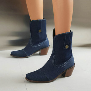 Low Block Heel Cowboy Shoes Dark Denim Mid Calf Western <b>Boots</b> Metal Button Decor For Holiday Trips And Casual Social Gatherings - Product Image 1