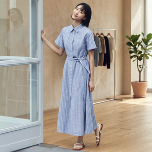 Women's Simple 100% Cotton Woven Linen-Look Striped Shirt <b>Dress</b> <b>Short</b> Sleeve Belted <b>Maxi</b> Casual Button-Down Summer Spring ODM - Product Image 3
