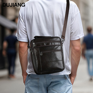 Dujiang Men's Genuine Leather Messenger <b>Bag</b> Large Capacity Zippered Crossbody <b>Bag</b> For <b>Work</b> Commuting Solid Color - Product Image 2