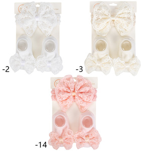 Due pezzi nuovi Set di fascia con fiocco in pizzo alla moda per bambine bianco rosa Beige 0-12 mesi Set di calze di cotone - Product Image 6