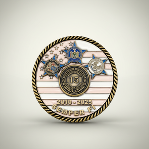 Pièce de monnaie personnalisée 3D pour le 15e anniversaire, motif <span class=keywords><strong>Semper</strong></span> <span class=keywords><strong>Fi</strong></span> 2010-2025, multi-badges, en laiton plaqué or, émaillée et imprimée en typographie - Product Image 1
