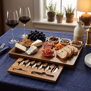 Grande planche <span class=keywords><strong>à</strong></span> charcuterie en bois Planche <span class=keywords><strong>à</strong></span> <span class=keywords><strong>fromage</strong></span> en bois d'acacia <span class=keywords><strong>Plateau</strong></span> de charcuterie <span class=keywords><strong>Plateau</strong></span> de service avec ensemble de couverts - Product Image 4