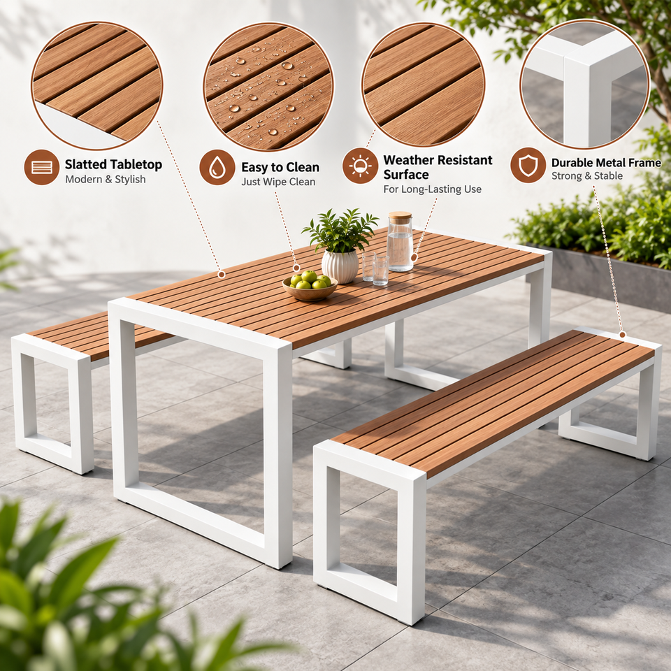 Outdoor Dining Table Set with 2 Benches, Metal Frame Wood-Look Tabletop ...