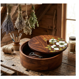Handcrafted Mango Wood Food <b>Container</b> with Hand Painted Floral Lid Design Decorative <b>Kitchen</b> <b>Storage</b> Box for Dry Food Snacks - Product Image 2