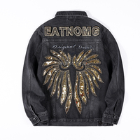 Veste en jean personnalisée OEM pour homme, denim noir délavé, style camionneur avec ailes en sequins au dos