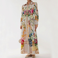 Robe longue de luxe pour femme, imprimé floral baroque, col à revers, manches longues, coupe trapèze, avec ceinture, idéale pour invitées de mariage et occasions spéciales
