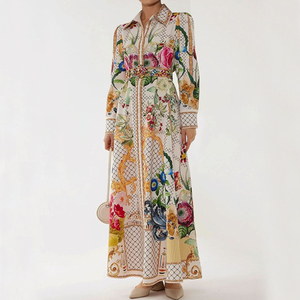 Robe longue <span class=keywords><strong>de</strong></span> luxe pour femme, imprimé floral baroque, col à revers, manches longues, coupe trapèze, avec <span class=keywords><strong>ceinture</strong></span>, idéale pour invitées <span class=keywords><strong>de</strong></span> mariage et occasions spéciales - Product Image 5