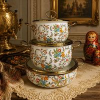 Ensemble de 3 casseroles et faitouts vintage de luxe avec garniture dorée, à double anse, en émail épaissi, pour la cuisson domestique