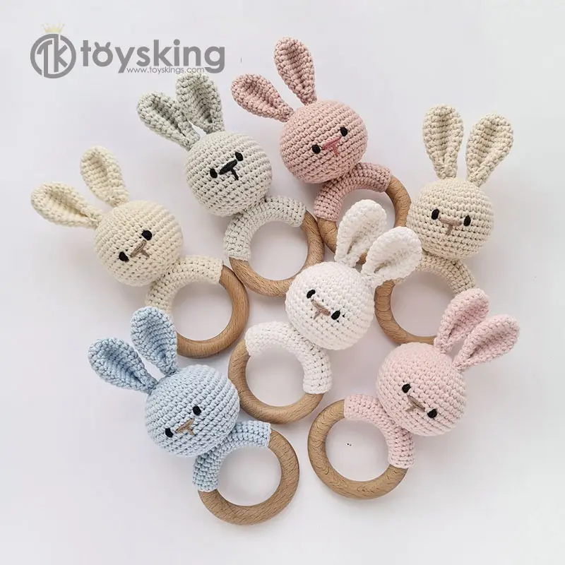 Bunny rattle Nursery First toy Expecting mum gift Newborn rattle toy Neutral Infant teether Beech Wood Ring Logo Custom