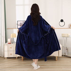 เสื้อคลุมอาบน้ำผ้าสักหลาดสำหรับผู้ชายและผู้หญิงคอปกสีทึบยาวดูดซับสำหรับผู้<span class=keywords><strong>สูงอายุ</strong></span>ชุด<span class=keywords><strong>นอน</strong></span>ของผู้หญิง - Product Image 6