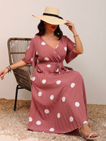 Robe longue fluide en mousseline de soie écologique, coupe trapèze, froncée, grande taille, pour femme, col en V court, taille empire à nouer, à pois, vente en gros pour l'été